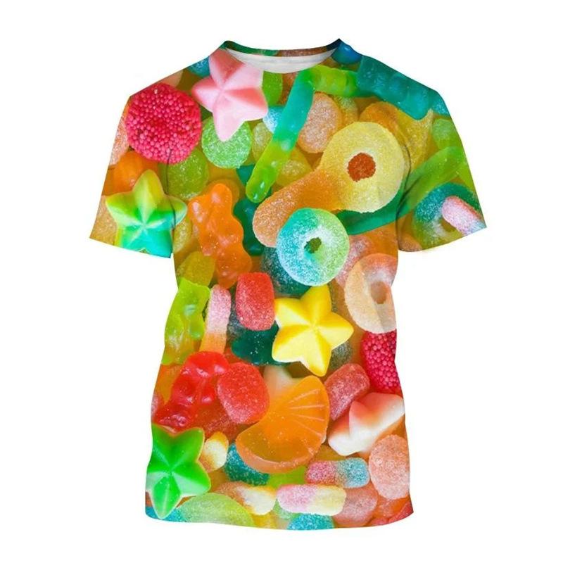 Candy 3D Printed Short Sleeved T-shirt Summer Breathable Polyester Simple Round Neck Top
