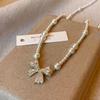 Clavicle Chain Silver Bowknot Necklace Pearl Simple Pendant Chain Bow Necklace Pendant  Girls/Women