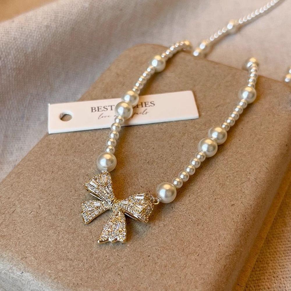 Clavicle Chain Silver Bowknot Necklace Pearl Simple Pendant Chain Bow Necklace Pendant  Girls/Women
