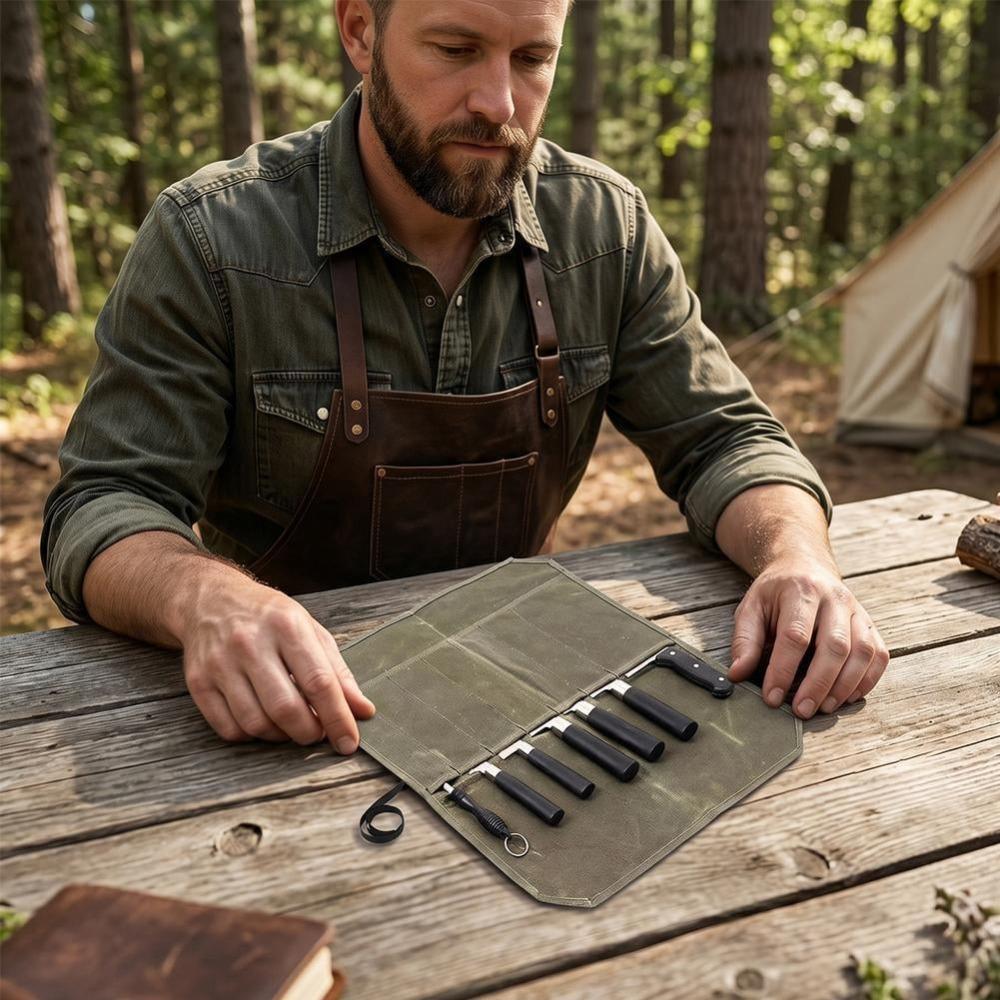 Chef Knife Roll Bag Heavy Duty Waxed Canvas Knife Storage with 7 Slots, Multi-Slot Protector for Kitchen Tools & Cutlery