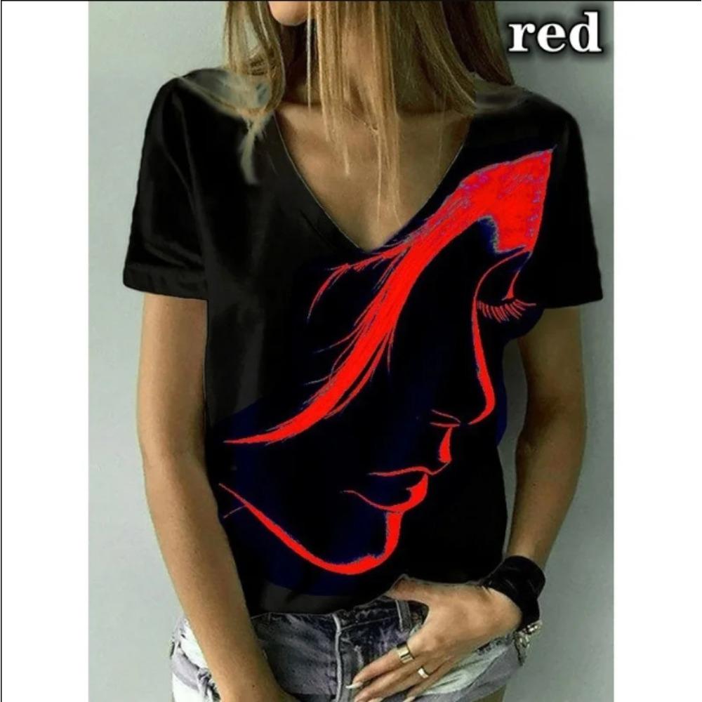 Summer Women s T-shirt Fashion V-neck Top Abstract Portrait Painted T-shirt XS