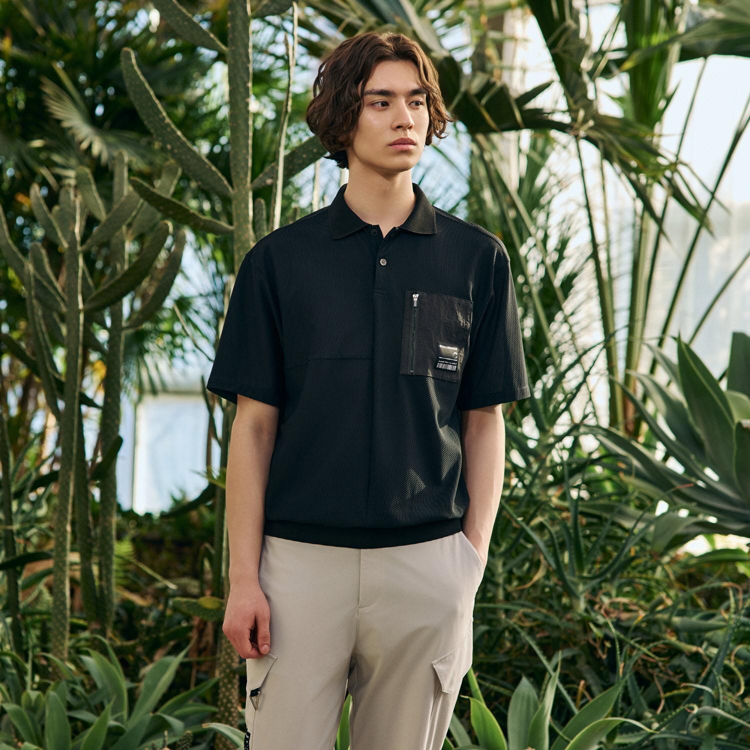 Challenger Men S Honeycomb Texture Pocket Detail Collared Short Sleeve T-Shirt Black Bk (Black)/S
