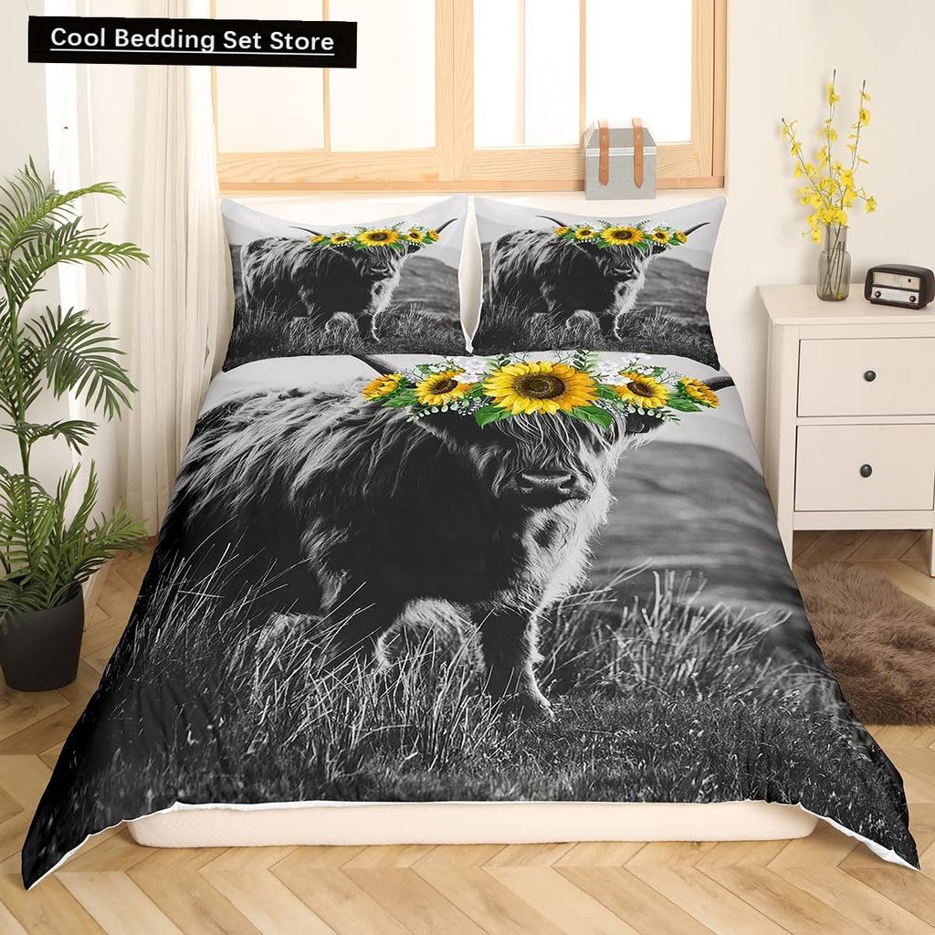 Highland Cow King Queen Duvet Cover Bull Bedding Set for Adults Cattle 2/3pcs Quilt Cover Farm Animal Polyester Comforter Cover