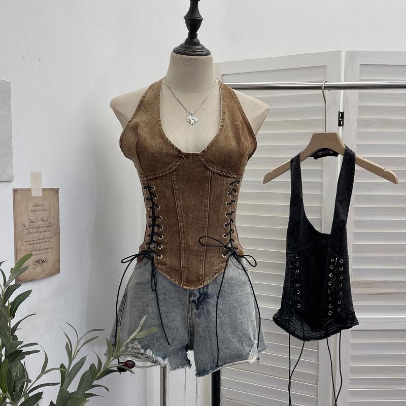 Denim Halter Crop Top: Punk Lace-up Sleeveless Slim Fit
