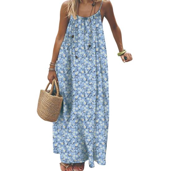 Women Long Slip Dress Breathable Summer Floral Print Casual Sleeveless Dress Spaghetti Strap Loose Swing Hem Ankle Length Beach Dress
