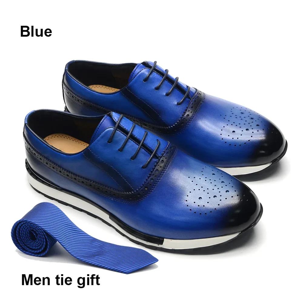 

10 Colors Handmade Genuine Leather Oxford Sneaker Shoes for Men Lace Up Brogues Business Office Fashion Brand Casual Shoes Man 41 синій