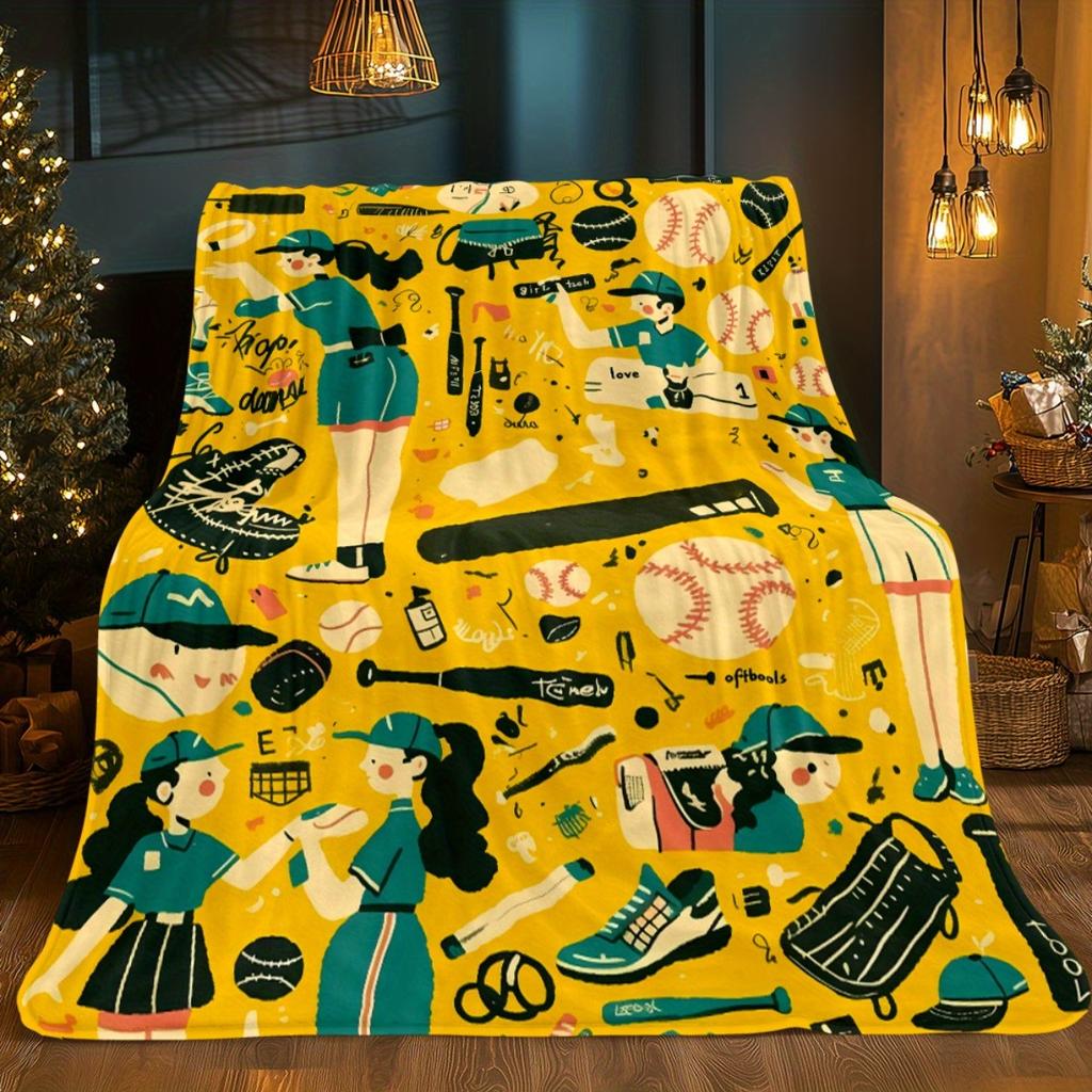Bright baseball-themed flannel blanket - soft and warm, perfect for camping, sofas, beds, and chairs; a great holiday gift for