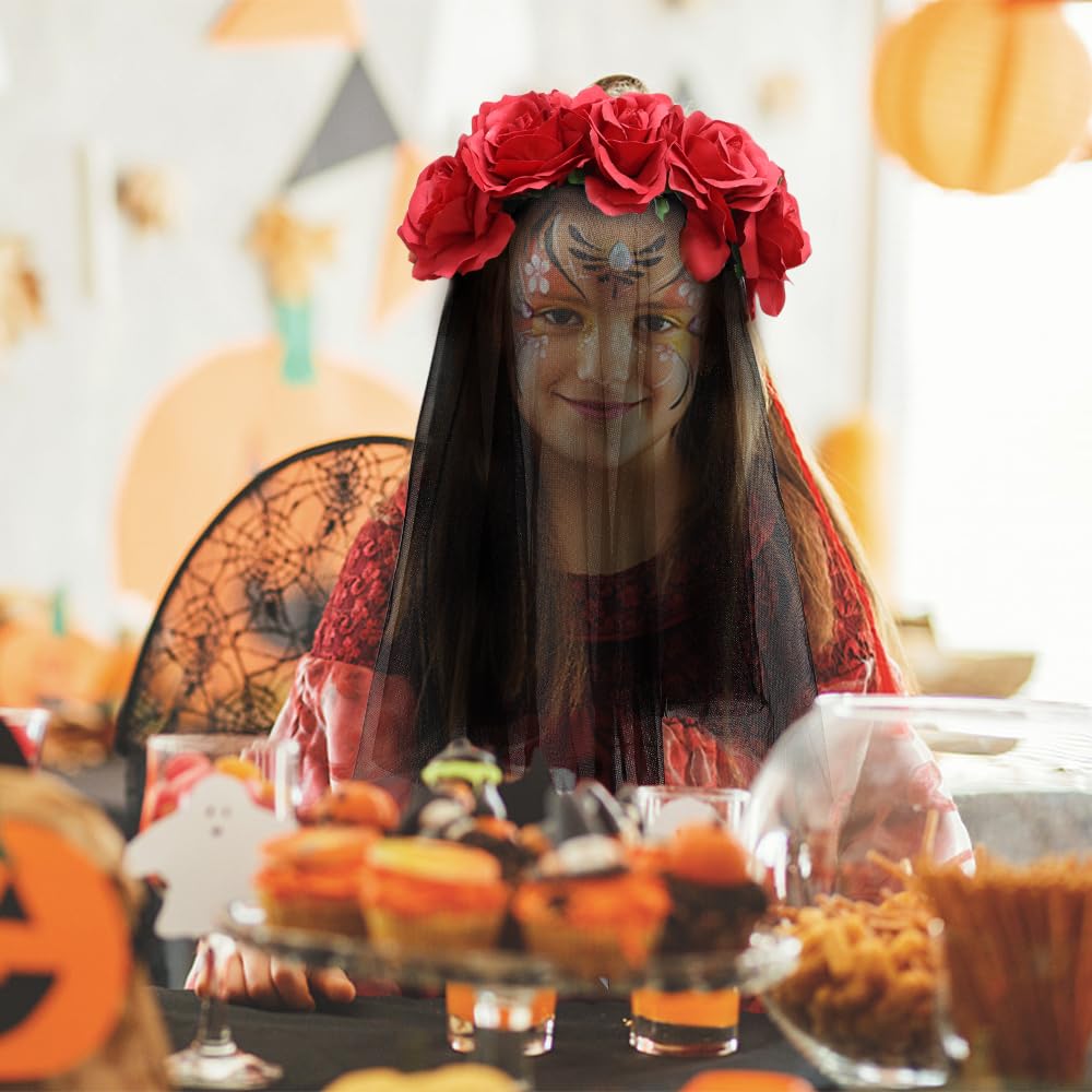 NODG Day of the Dead Headband, Retro mesh carnival head button, Halloween day rose flower party hair accessories headband black female