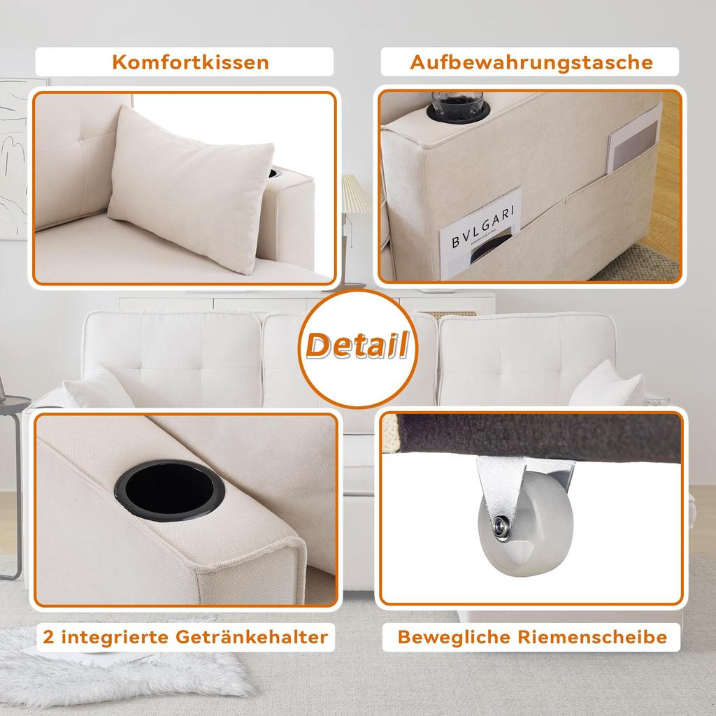 Corner Sofa with Sleep Function: Sofa Bed with Storage, Sleeper Sofa Storage, Cup Holders, Side Pockets, L-shaped, Beige