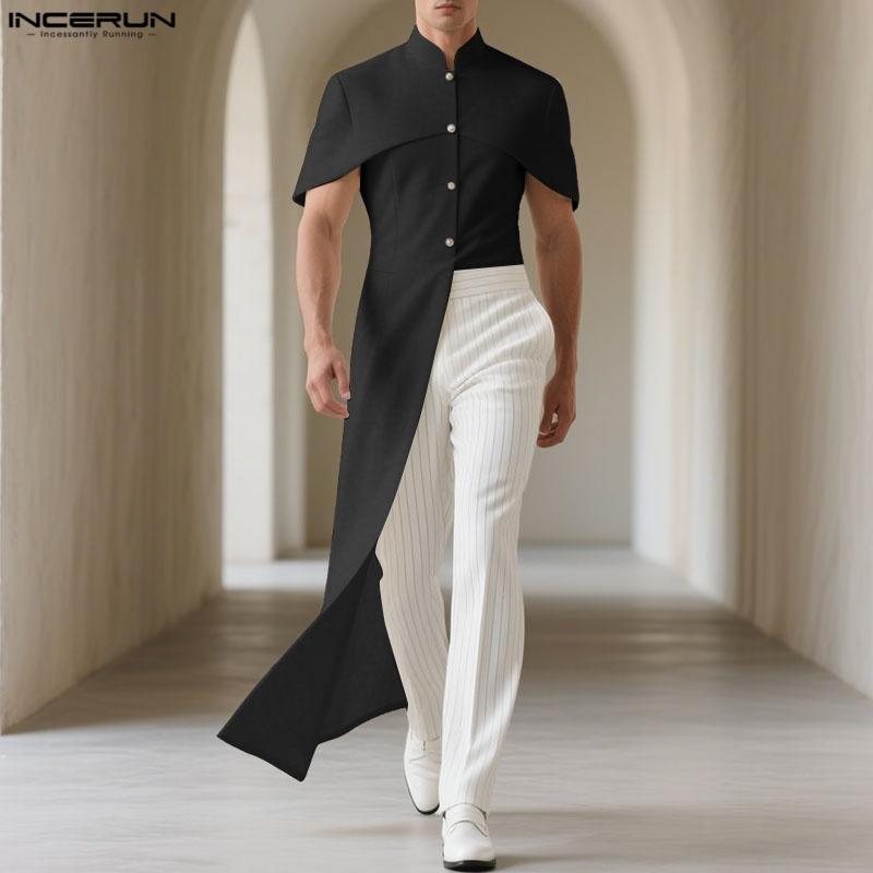 INCERUN Men Stand Neck Short Sleeve Buttons Side Splits Irregular Shirts Tops