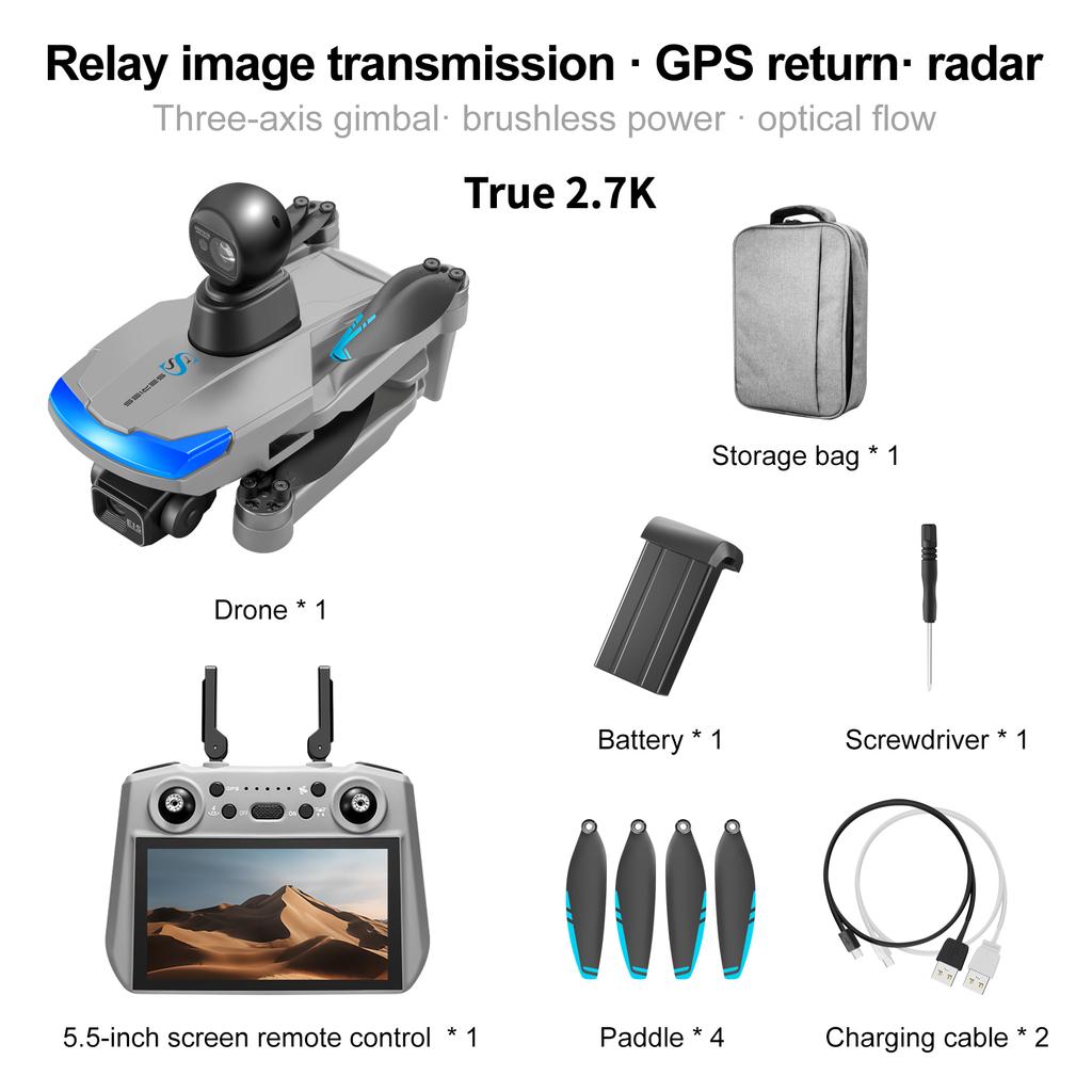 Nuevo Dron Profesional S185 GPS Retorno 5G Verdadero 2.7K HD Cámara Dual Control Remoto con Pantalla Táctil PTZ de 3 Ejes Evitación de Obstáculos Dron