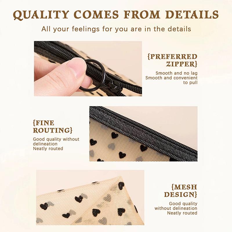 Nylon Mesh Cosmetic Bag Zipper Heart Shaped Toiletry Organizer Makeup Bags Multifunctional Women Lipstick Key Coin Purse Pouch