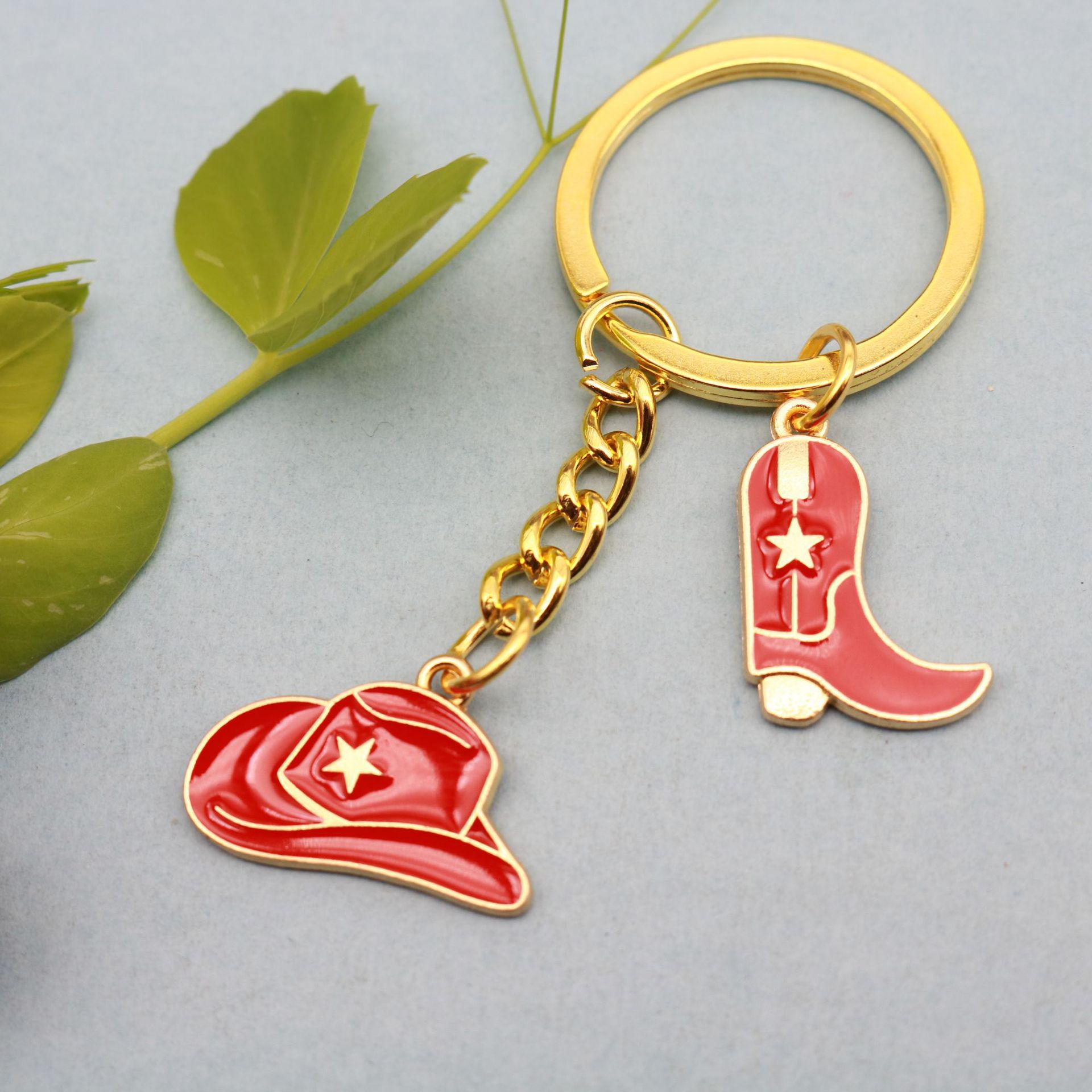 Niche Enamel Black Denim Hat Boots & Flower Bull Head Keychain Pendant Set