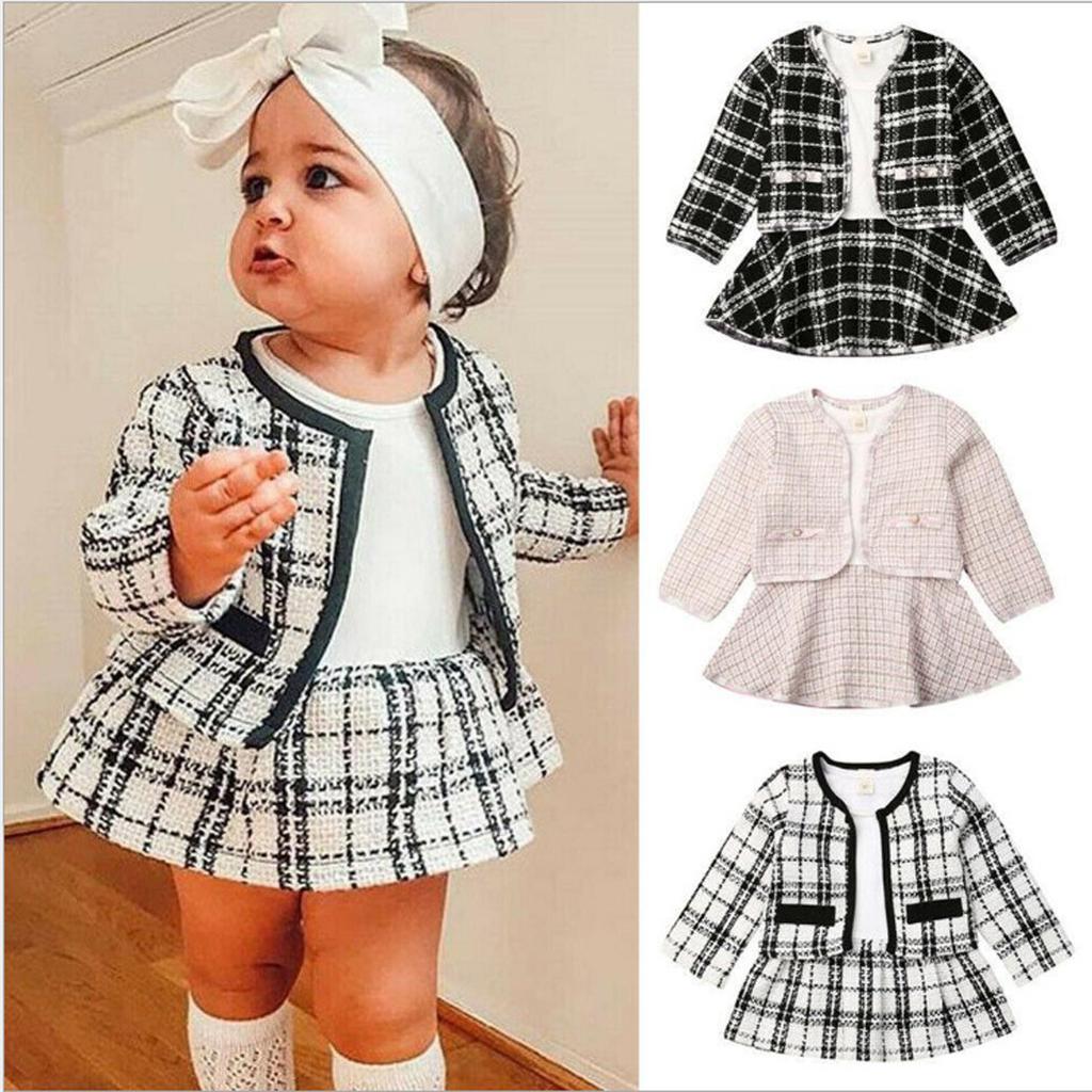 Toddler Baby Girls Long Sleeved Cardigan Tops Coat+Pocket Tank Dress Set Outfits