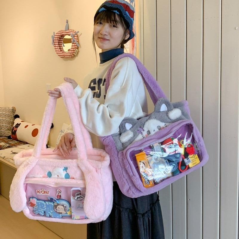 Cartoon Rabbit Small Food Large Capacity Transparent Handbag Two-dimensional Plush Tote Bag Student Commuter Bag