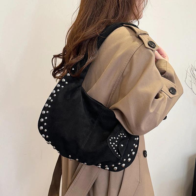 Suede Retro Rivets Design Shoulder Bag for Women 2024 Winter Trend New Y2K Fashion Design Handbags Females Tote Bags