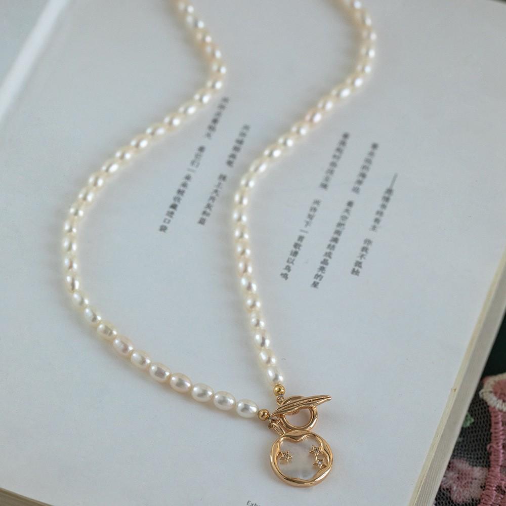 Freshwater Pearl Necklace Women'S Copper Micro-Inlaid Shell Starry Sky Design Sense Ot Buckle Collarbone Chain Rice Grain Pearl Pendant Neck Chain