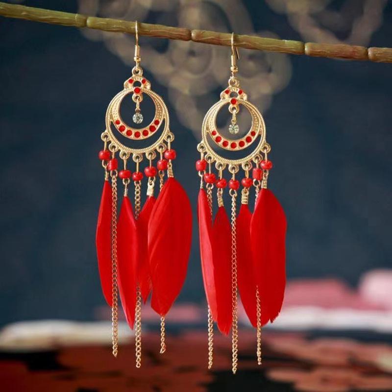 Bohemian Long Tassel Feather Earrings - Trendy Douyin-Inspired Design for Women