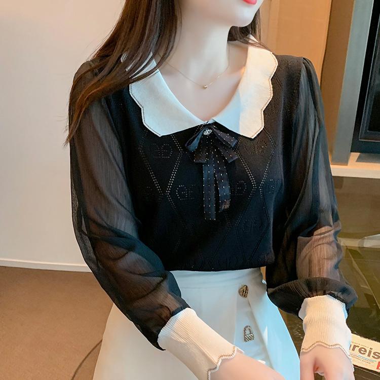 

Кукольный воротник бант длинный рукав вязаный свитер для женщин весна и осень волнистый воротник цветные блоки модный универсальный топ 2XL чёрный