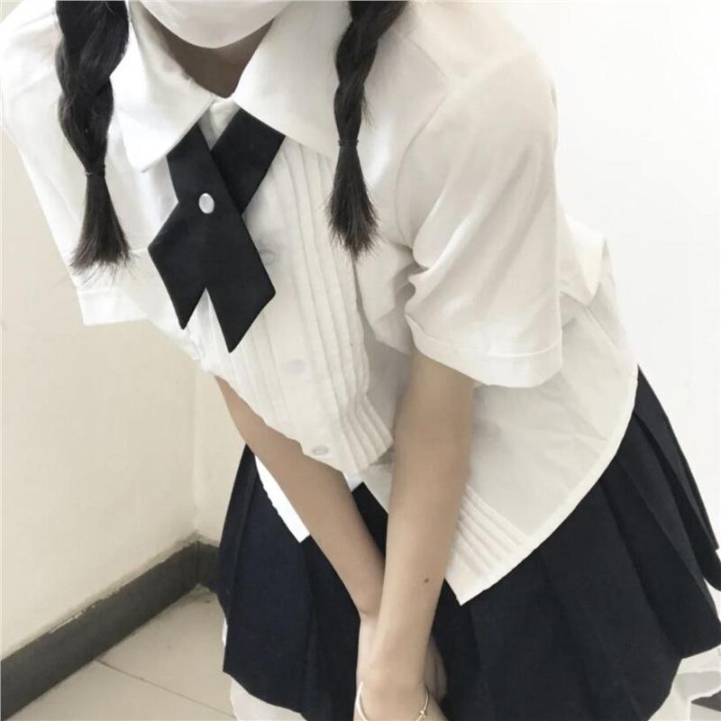 Original JK Academy Style Pleated Short Sleeve Women's Graduation Shirt In Milk White