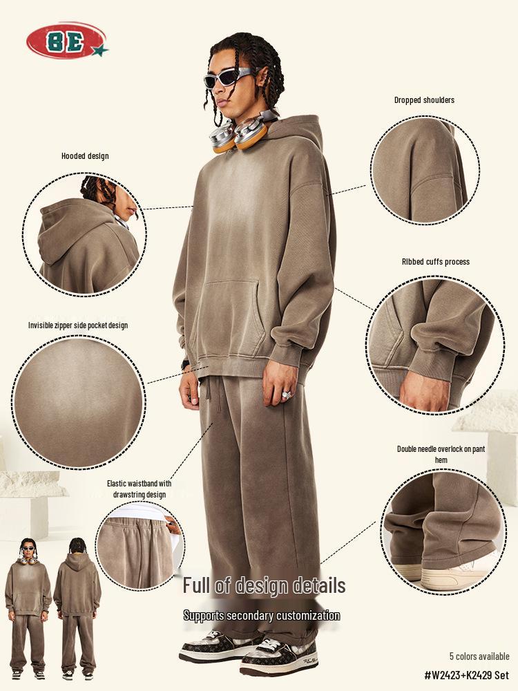 BE Men's Retro Distressed Spray Paint Velvet Hoodie & Sweatpants Set - Autumn 2025 Collection