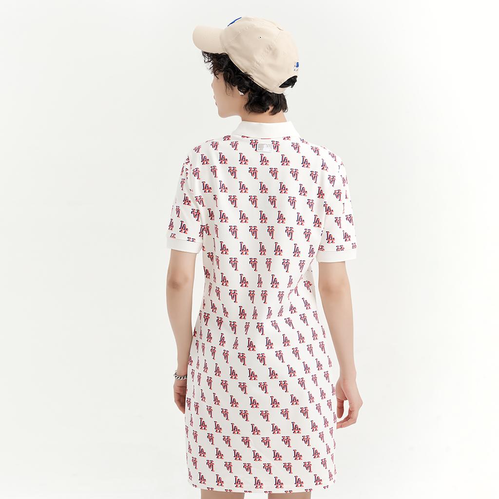 MLB Los Angeles Dodgers Polo Collar Interwoven Letter Mid Waist A-Line Casual Trendy Sports Short Sleeve Dress Women dresses Cream 3FOPM0233-07CRS