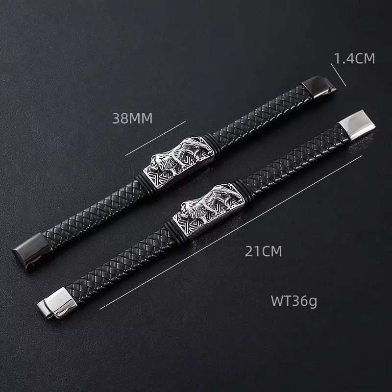 Punk Vintage Classic Tiger Leather Braided Stainless Steel Platinum Plated Bangles Men Magnetic Clasp Fashion Jewelry