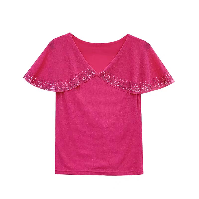 New European Women's T-Shirt Clothes Sexy V-Neck Chic Ruffles Hot Diamonds Tops Shirts Summer Short Sleeve Slim Mesh Tees