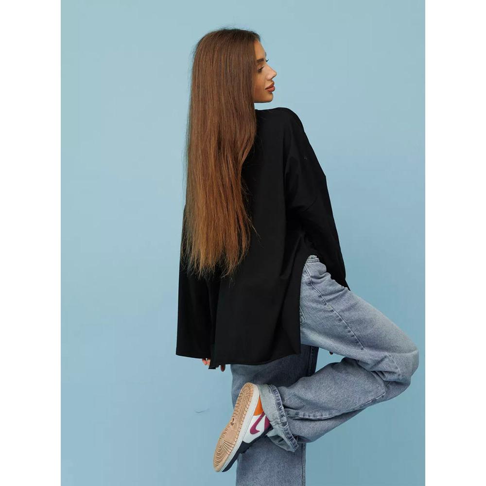 Hirsionsan 2025 Spring Summer New Arrival Women's Long Sleeve Cotton Loose Fit Slit Distressed T-Shirt Female