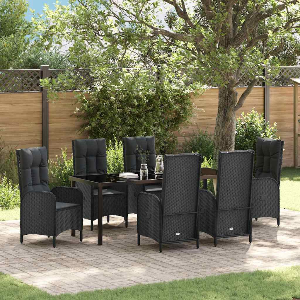 Garden Dining Set with Cushions 7 Pcs Black Poly Rattan