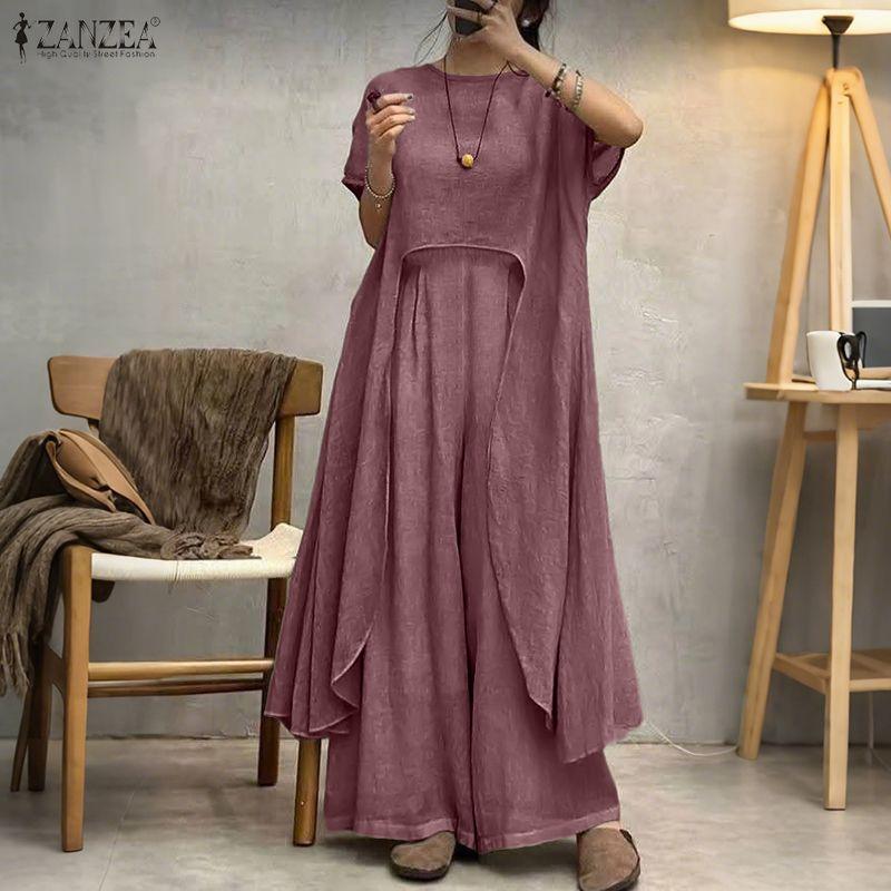 ZANZEA Women Short Sleeve Irregular Hem Blouse and Pants Summer Two Piece Suit Sets