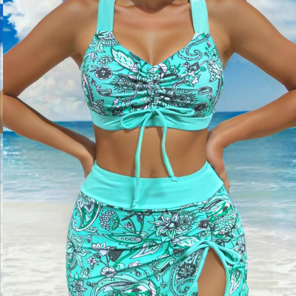 Bikini Due Pezzi Stampa Coulisse Vita Alta Taglie Forti Set Tre Pezzi Elegante