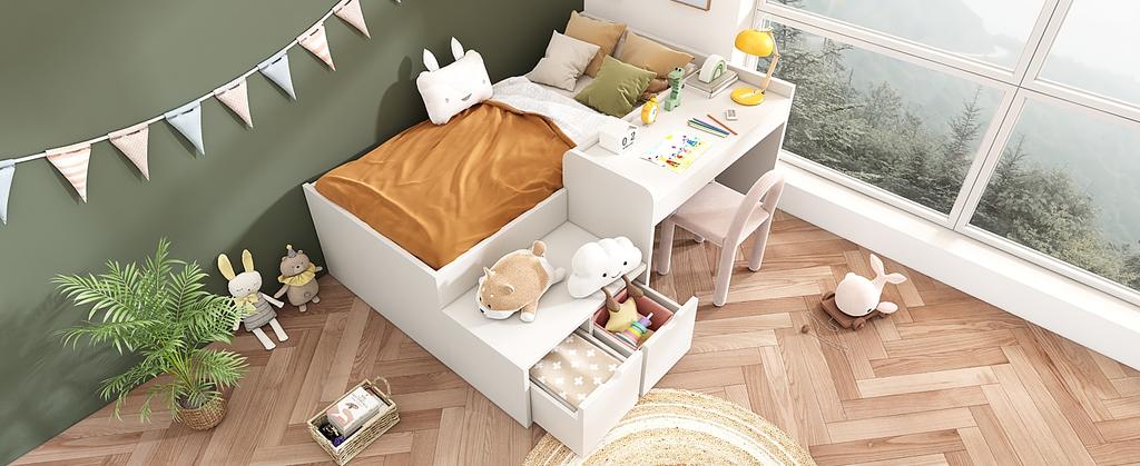 Children's Bed, Solid Wood Single Bed with Desk and Drawers, 90 x 200 cm, White, Storage Bed with Slatted Frame, for Boys & Girls (Without Mattress)
