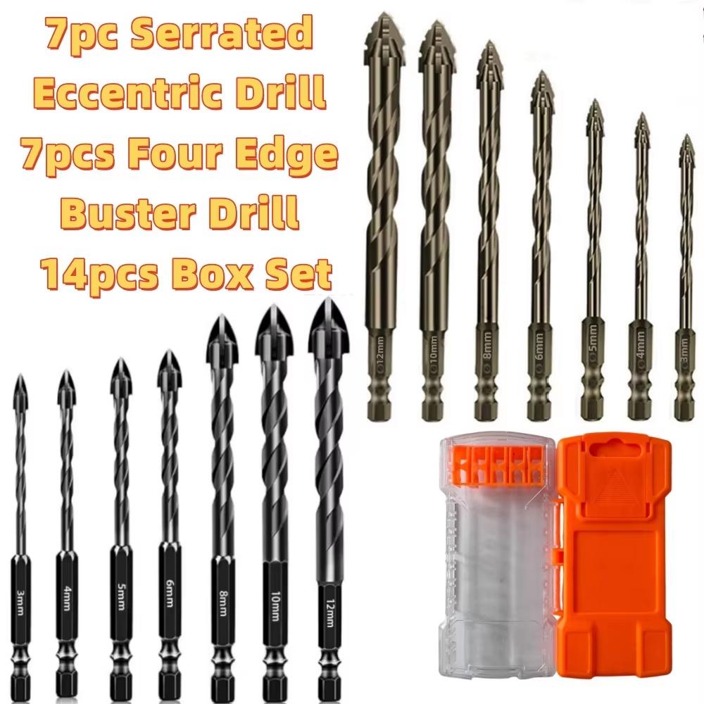 High-Four-edged 14/7Pcs 3-12mm Masonry Drill Bits Concrete Drill Bit Set Tungsten Carbide Tip Work with Concrete Stone Carbide