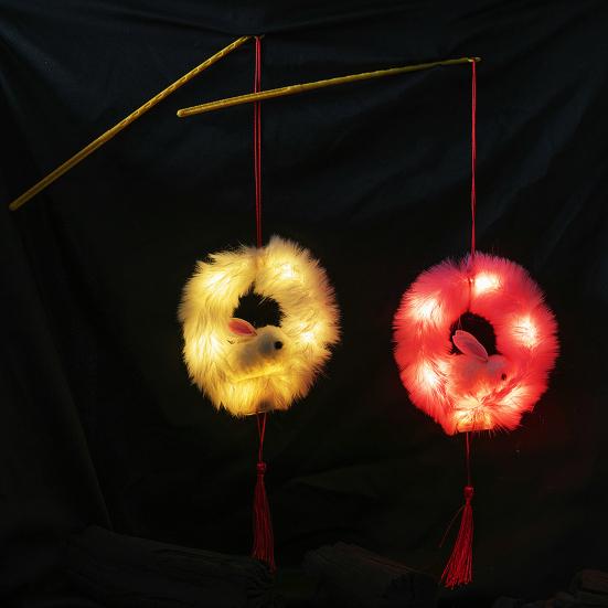 Chinese New Year Rabbit Lantern DIY Handheld Velvet Bunny Lantern for Mid-Autumn Spring Festival Decoration