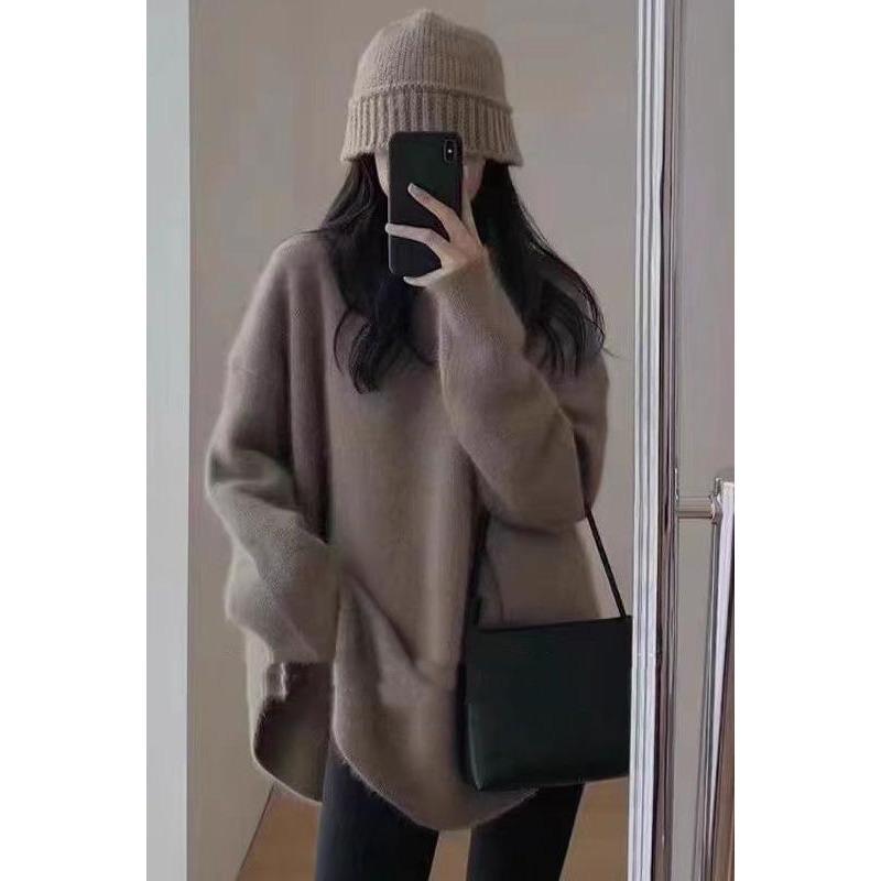 Autumn and Winter Pullover Women Medium and Long Sweater Fashion Loose Office Knitted Bottoming Shirt Solid Color O Neck Long Sleeve Casual Simple Top