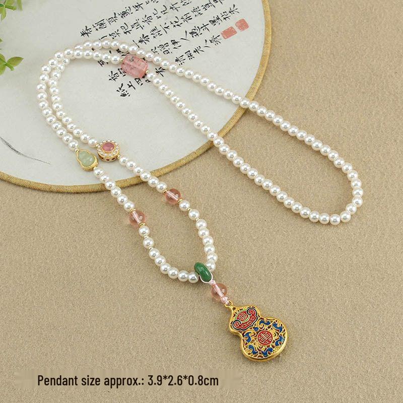 Retro Five Blessings Imitation Pearl Necklace with Cloisonné Pendant - Chinese Style Long Beaded Accessory
