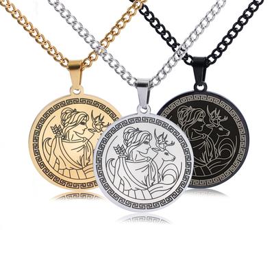 Vintage Ancient Greek Hunting Goddess Artemis Round Pendant Stainless Steel Necklace Hip Hop Jewelry Accessories