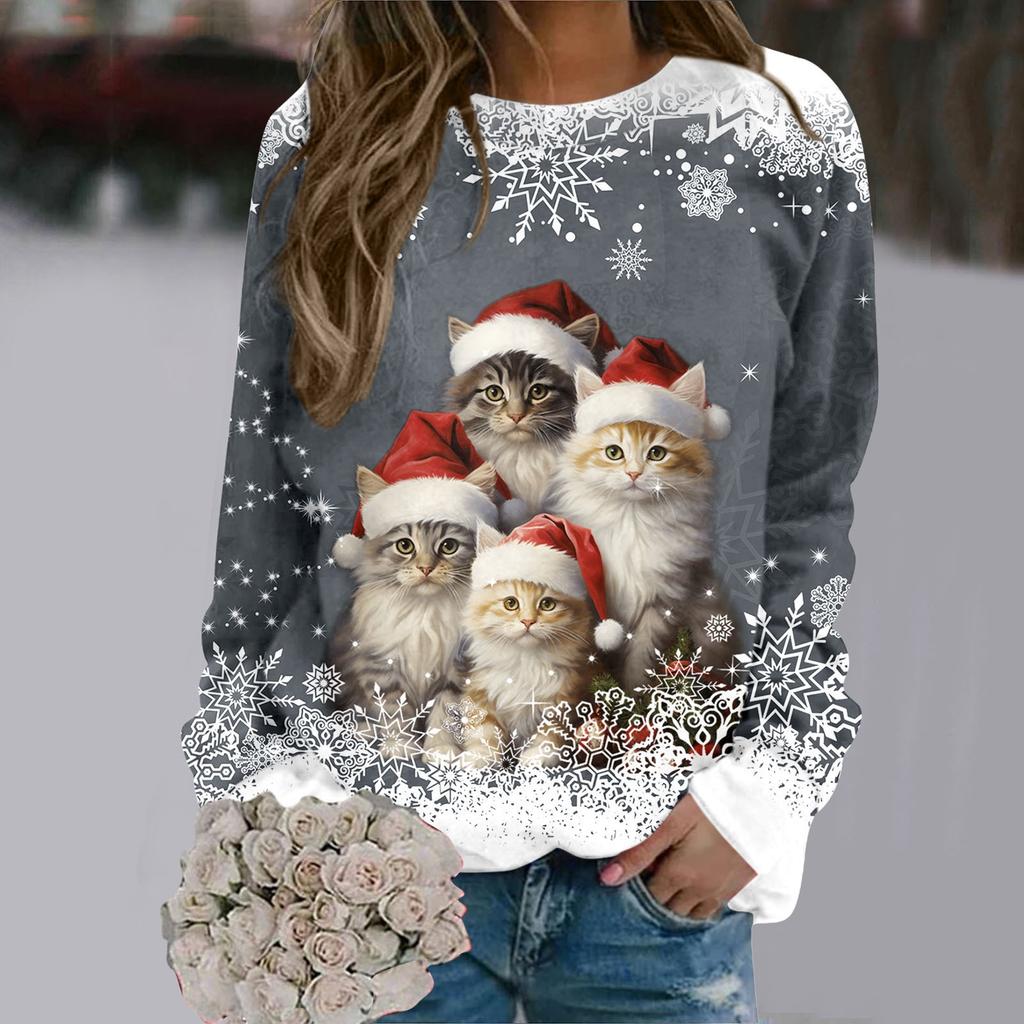 Cute Cat  3D Print Womens round-neck sweatshirt Merry Christmas Autumn Loose Casual Top Fashion Sports Womens Clothing