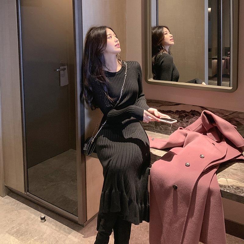 Autumn and Winter New Light Luxury Black High-end Retro Slim and Thin Temperament A-word Fishtail Dress