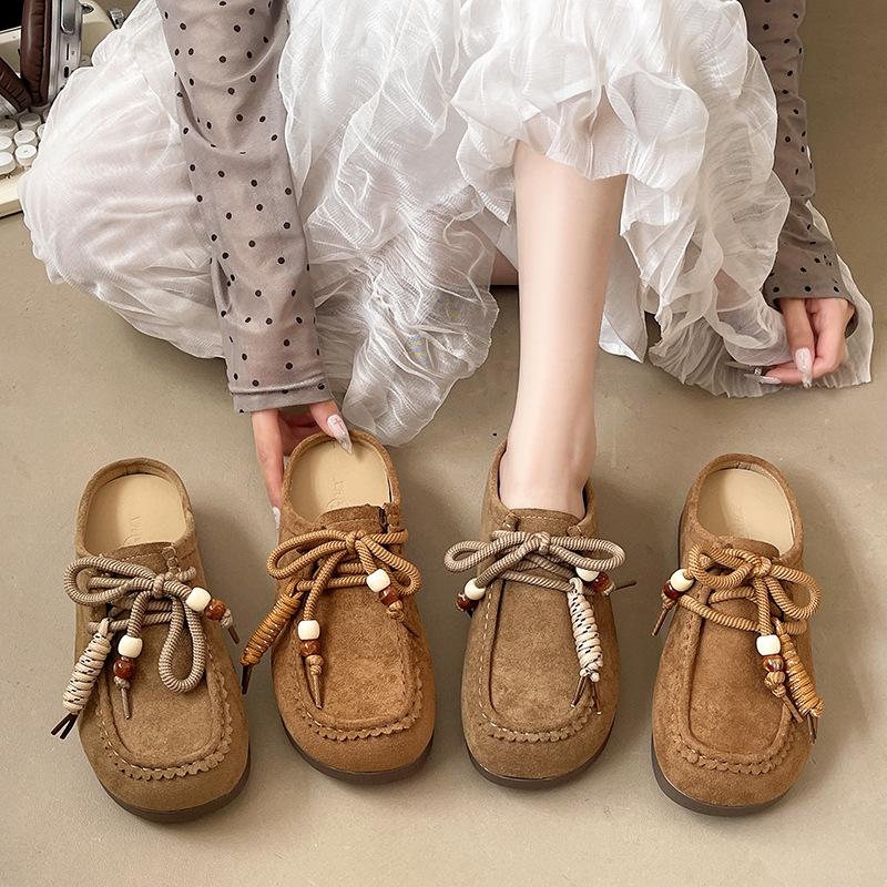 Retro lace-up Boken shoes bag head half slippers women's outerwear 2025 autumn new one-pedal platform Muller sandals