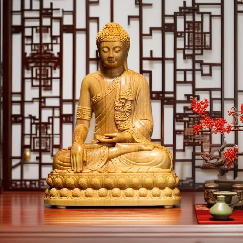 Naturalny Cyprys Lndia Shakyamuni Budda Postacie Figurki Ręcznie Rzeźbione Lite Drewno Dom Pokój Biuro Dekoracja Feng Shui Statua