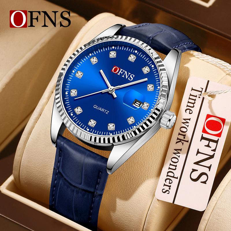 Oufanni Unisex Luminous Quartz Watch with Sunburst Dial and Waterproof Leather-Steel Band.