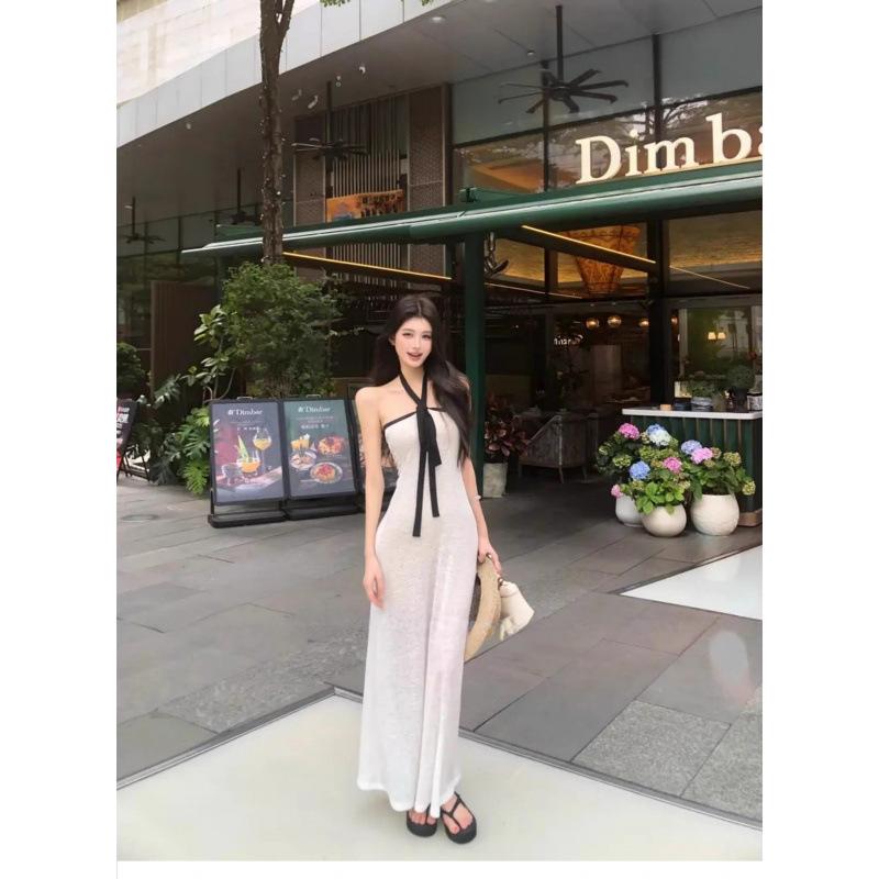 Sexy pure desire white neck sling tube top dress women's summer vacation style slim fit beautiful hip wrap long skirt