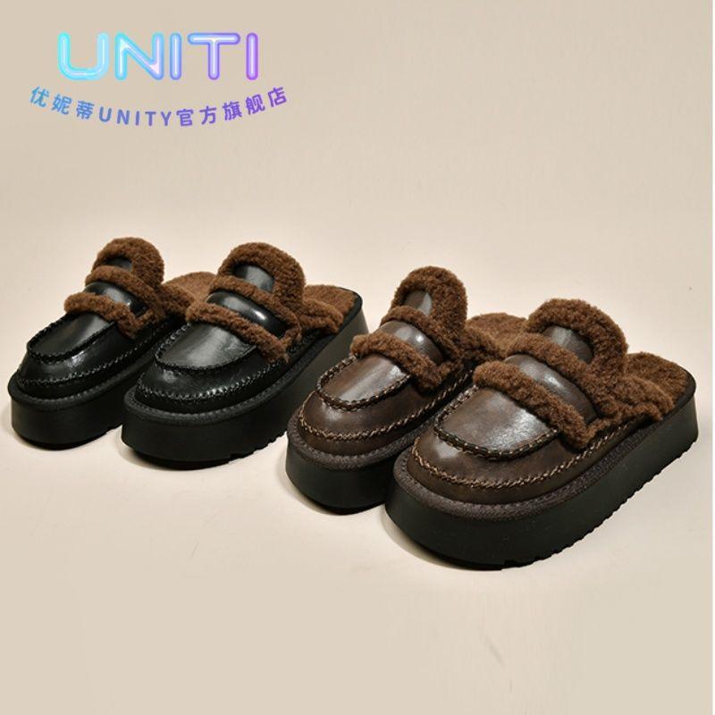 Thick-soled Birkenstocks women's outer wear fluffy slippers 2025 new autumn and winter velvet snow boots bag head half slippers cotton tow