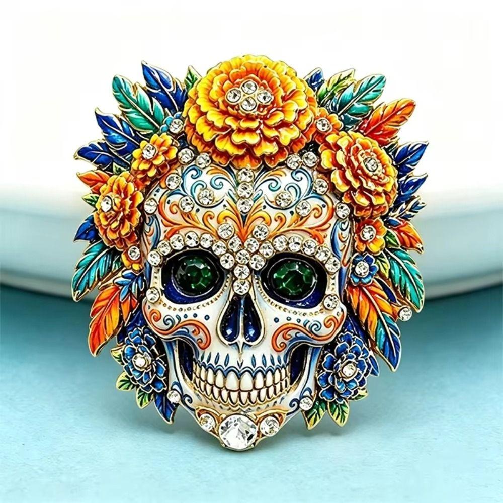 Blumiges Design Totenkopf Brosche Emaille Blumiger Totenkopf Abzeichen Anstecker Halloween Revers Anstecker Feiertag