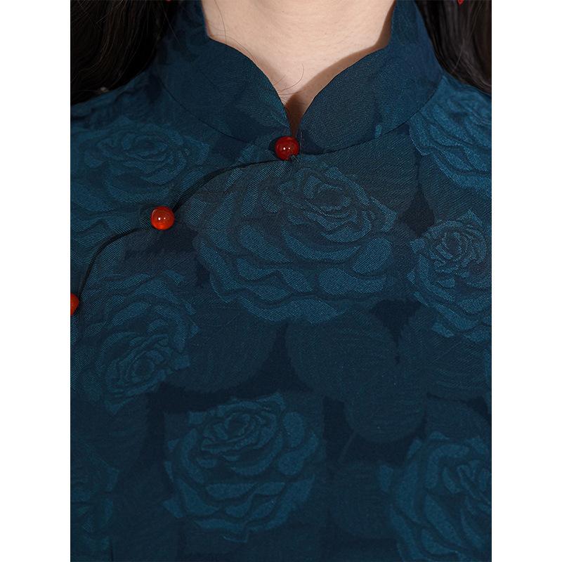 Ultragreen | 1011 New | Navy blue white literary book aroma national style ancient petal collar high-end cheongsam