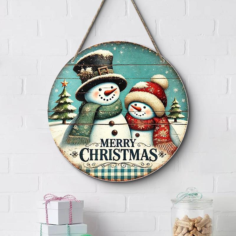 7.9" Christmas Wreath Centerpiece Decoration Wooden Round Holiday Wall Door Hanging Ornament Snowman Christmas Home Decor