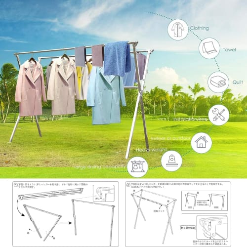 Stainless Steel Foldable and Extendable Clothes Drying Rack for Indoor and Outdoor Use, Suitable for Futon Drying. Also Suitable for Balconies and Ind