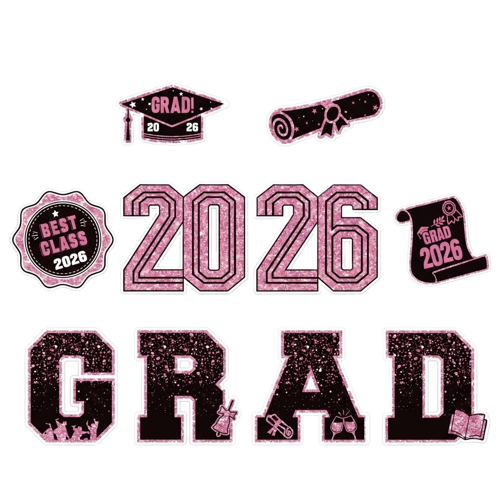 

2026 Graduation Decorations, Patio Signs With Stands, 2026 Glittering Plastic Patio Signs For College Graduation Parties One Size розовый